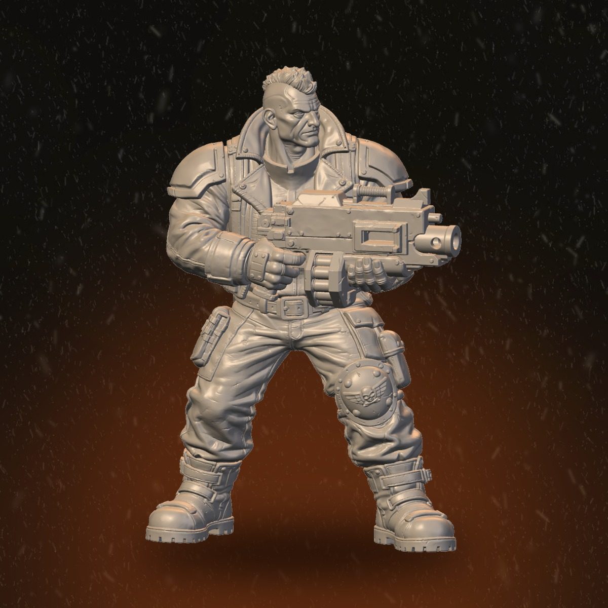 Large male Heavy Raider with boxy magazine-fed rifle and faction emblem knee pad, front view