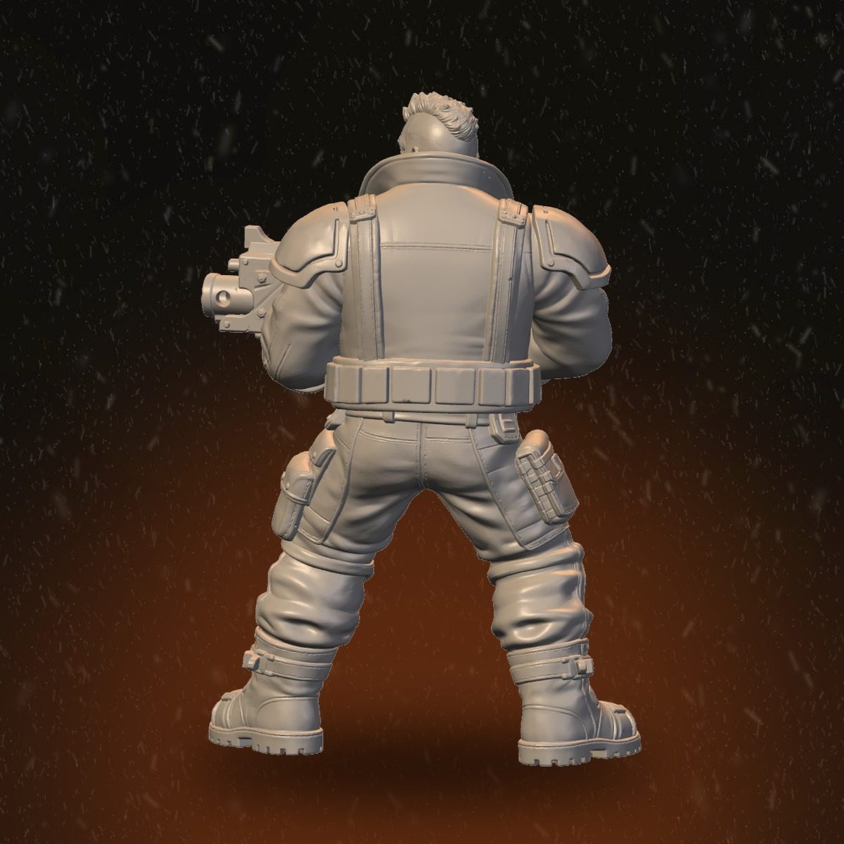 Large male Heavy Raider with magazine rifle, rear view showing back armour straps and cargo pockets