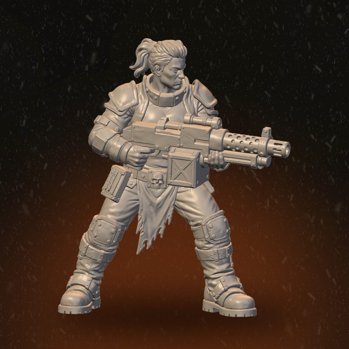 Female Heavy Raider with ponytail, torn tabard, and ported muzzle brake rifle, front view