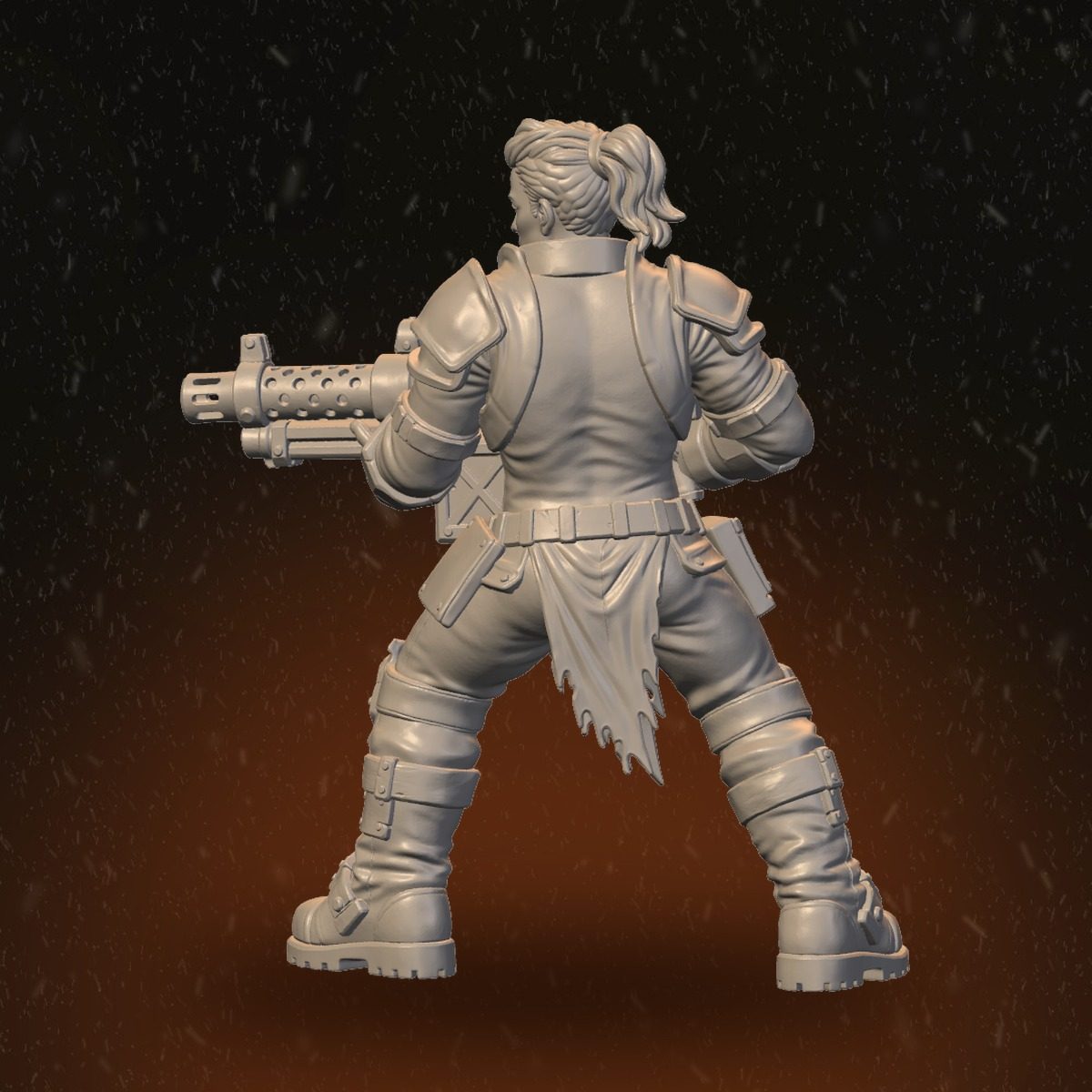 Female Heavy Raider with ponytail and torn tabard, rear view showing back armour and tabard detail