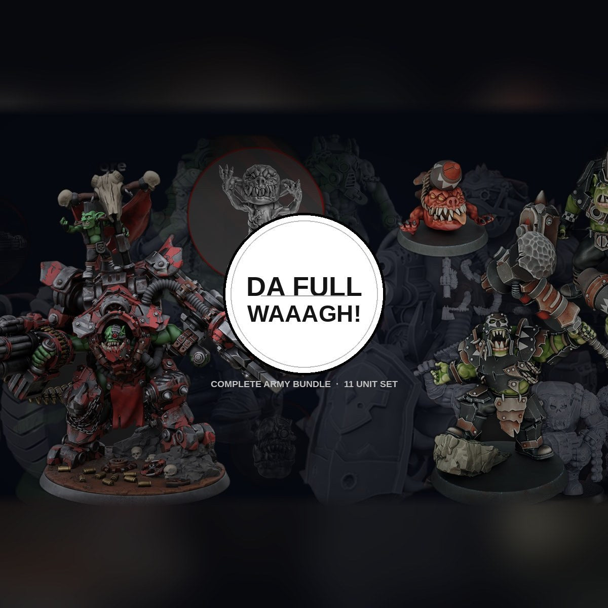Da Full Waaagh! orc army bundle collage with walker, gunners, and bosses shown.