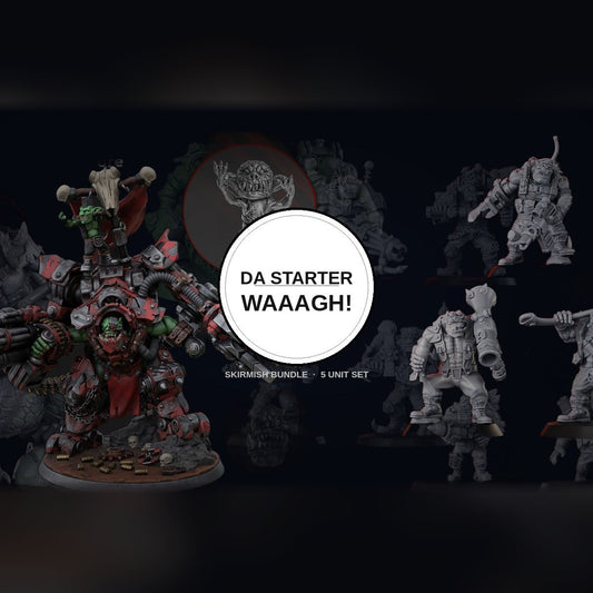 Da Starter Waaagh! bundle collage with giant ork walker and infantry squad renders