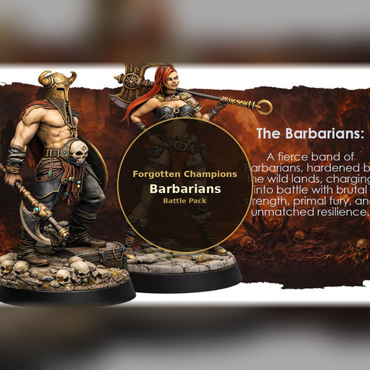 Forgotten Champions: Barbarians Battle Pack painted horned warrior and axe wielding woman on skull bases