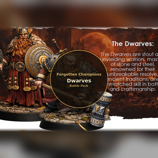 Forgotten Champions: Dwarves Battle Pack promo showing helmeted dwarf with round shield and mace