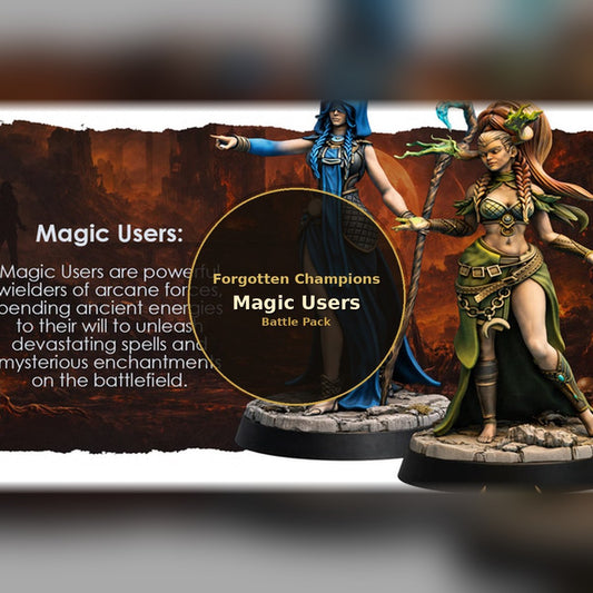 Forgotten Champions: Magic Users Battle Pack cover art showing hooded mage and staff wielding sorceress