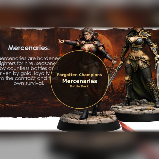 Forgotten Champions: Mercenaries Battle Pack cover art with painted sword wielding female figures on rocky bases