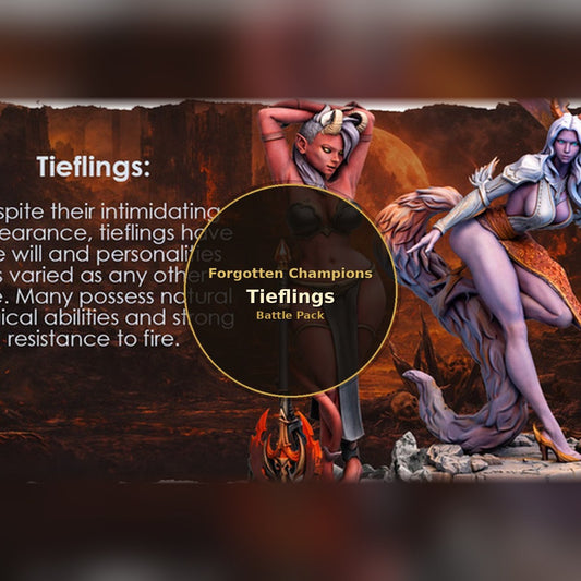 Forgotten Champions: Tieflings Battle Pack promotional banner showing two horned tiefling miniatures on cracked rock bases