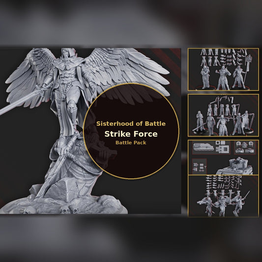 Sisterhood of Battle: Strike Force battle pack collage with winged angel and squad sprues