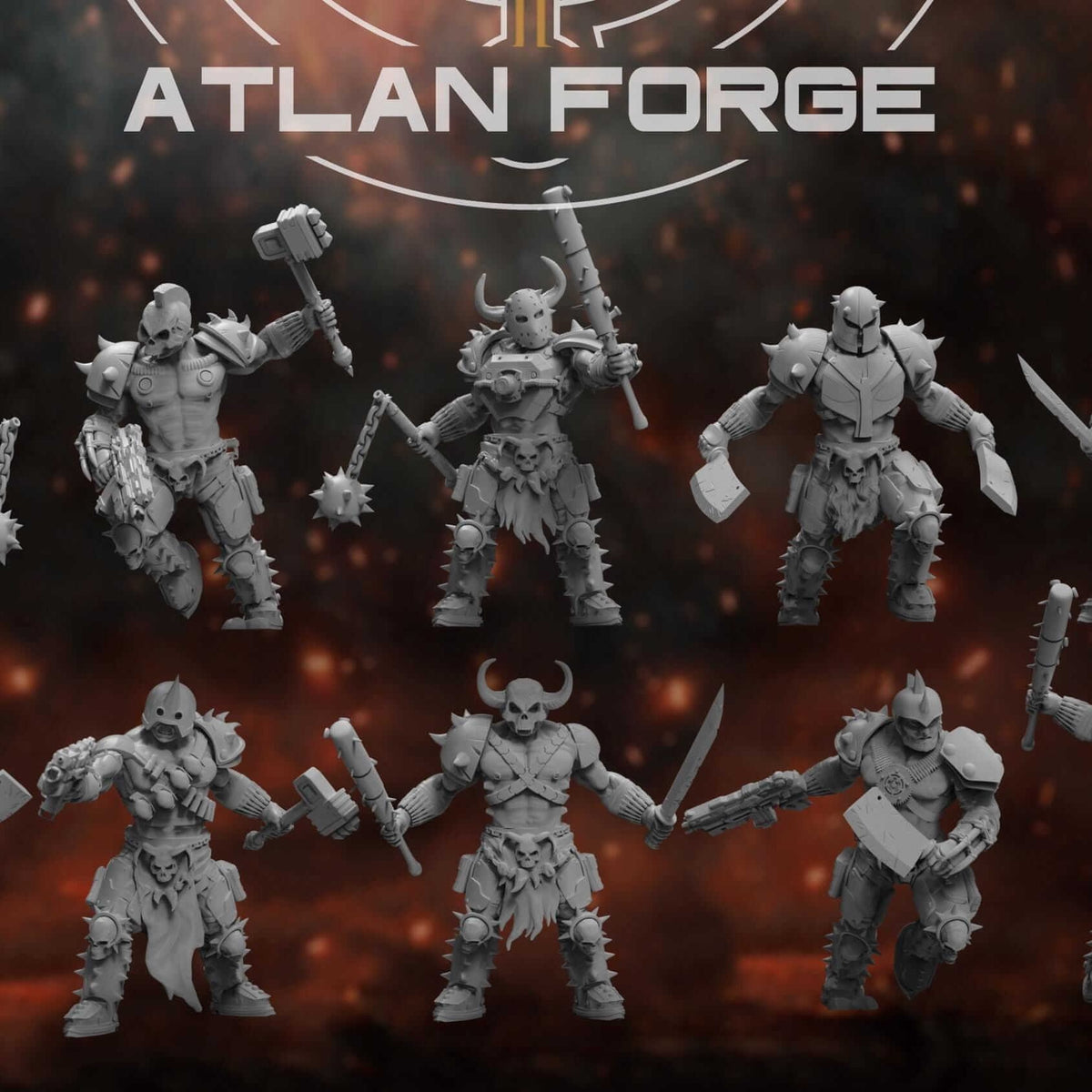Full set of ten Hades Cultists miniatures posed with axes, hammers, blades and firearms.