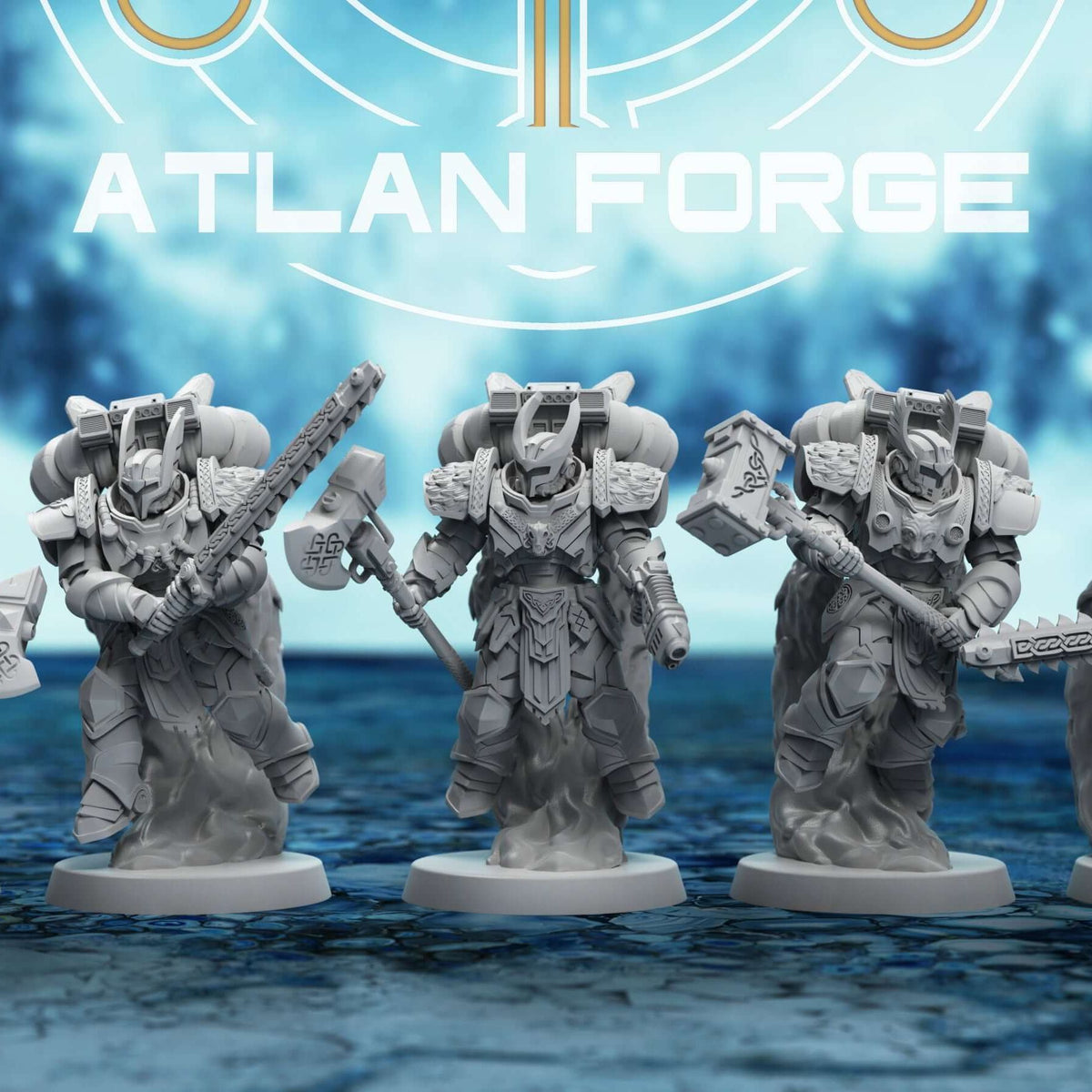 Five Asgardian Skybreaker miniatures in horned helmets, wielding axes, hammers, and chainswords on round bases