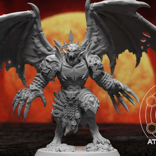 Vampire Overlord winged daemon miniature with claws spread wide on skull base, front view against fiery moon backdrop