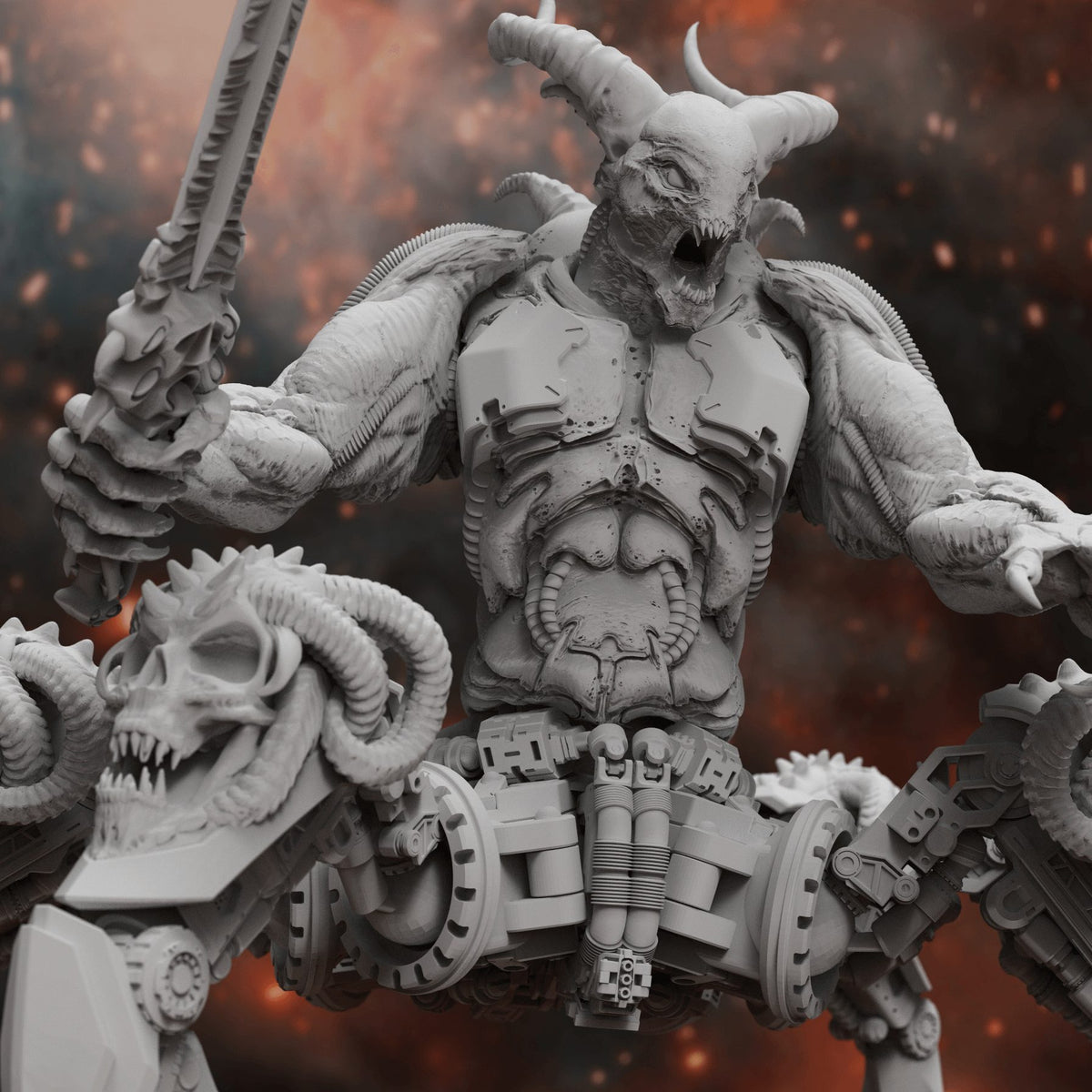 Demonic Arachne Dreadnought raising a jagged sword above skull-faced spider legs, close front view
