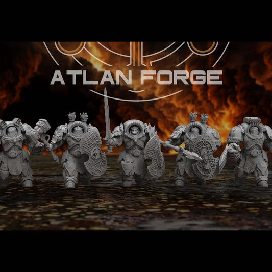 Dragon Knights Assault Infernos five armoured miniatures with swords, shields, and hammer standing in a row