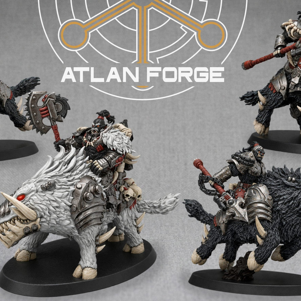 Grokk Warboar Riders squad of four showing white and dark boar mounts with armoured riders, 32mm resin miniatures