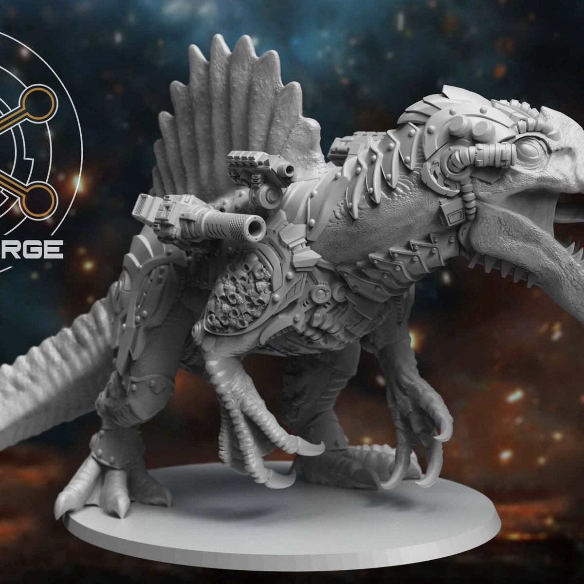 Cybernetic Spinosaurus miniature with armored sail fin, jaws open, on round base