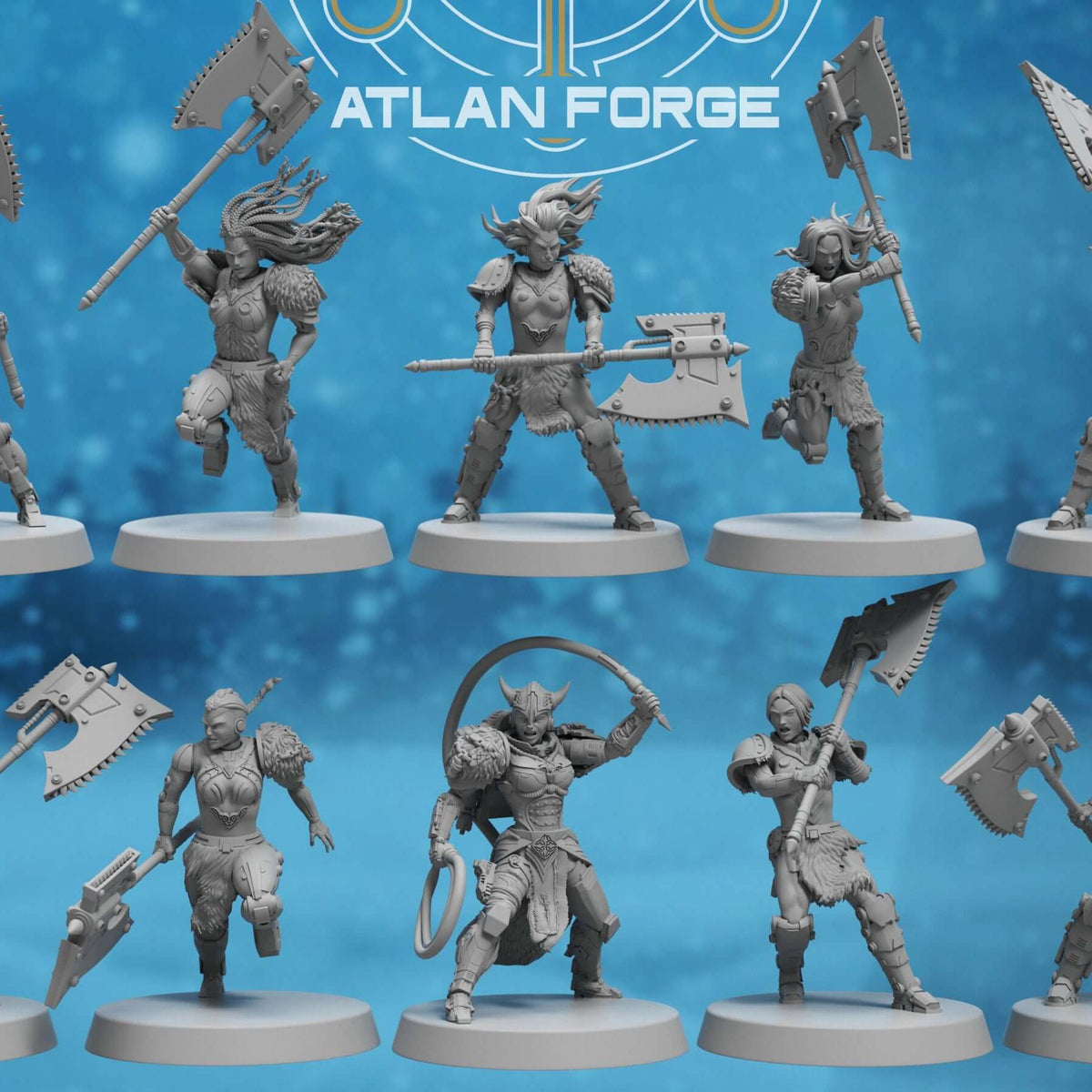 Full lineup of ten Asgardian resin warrior miniatures wielding great axes on round bases