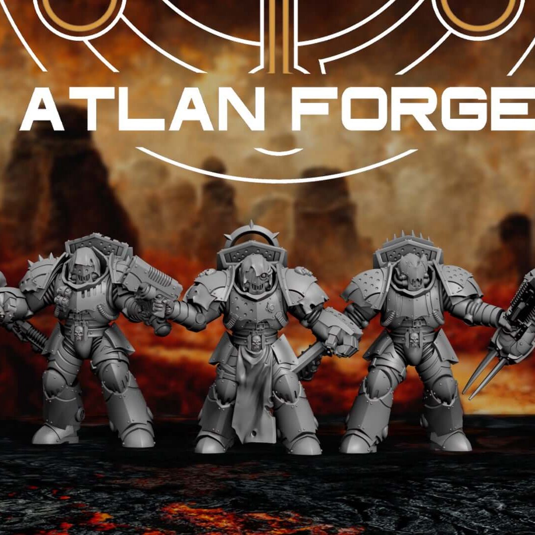 Five Gothic Sci-Fi Warriors miniatures in spiked power armour standing in a row