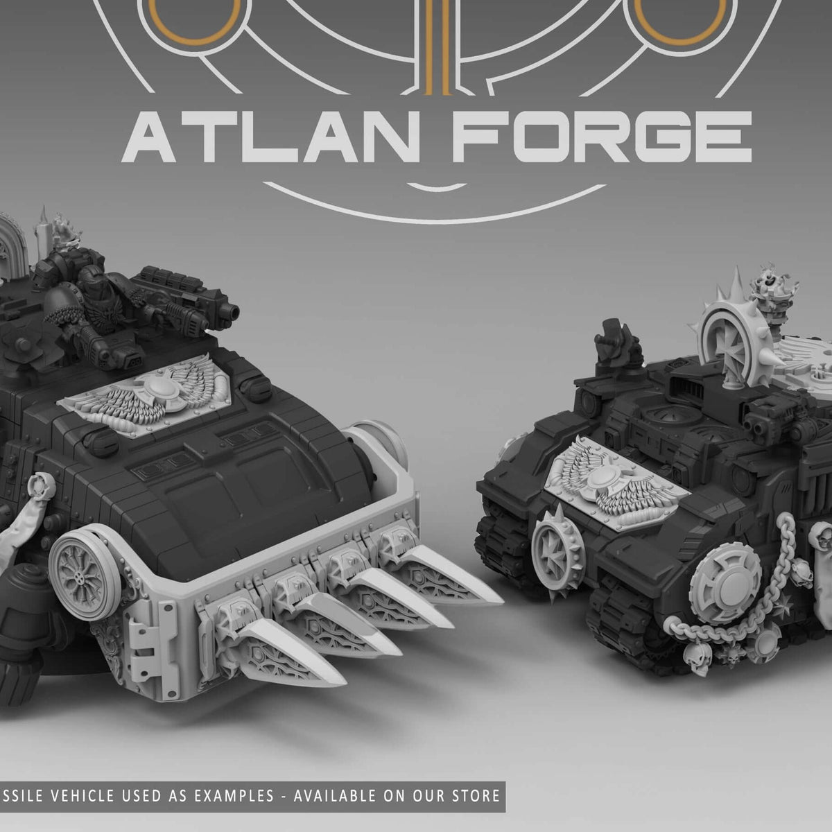 Templar Vehicle Ornaments shown fitted to two resin tank models with heraldic panels and blades
