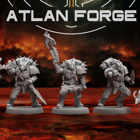 Five Dragon Knights Ravagers miniatures with horned helms, guns, blades, and pistols standing on round bases