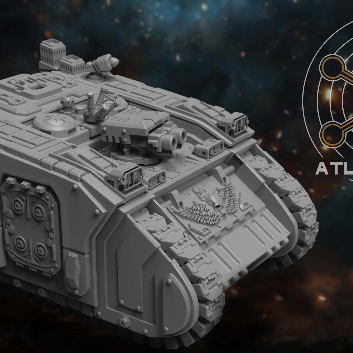Loxodon Heavy APC tracked transport shown from front left, hull mounted twin cannon visible.