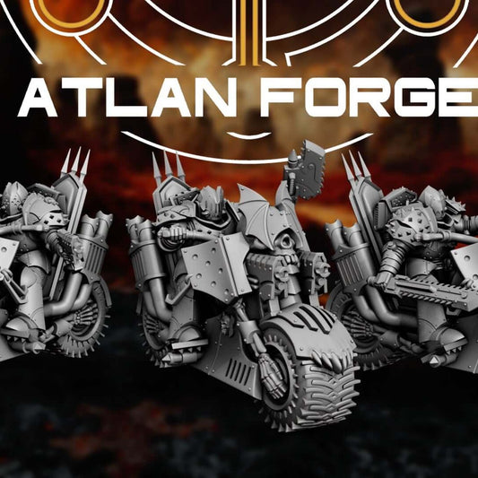 Vampire Bikers set of 3 sci-fi miniatures by Atlan Forge, featuring detailed bikes and armored riders.