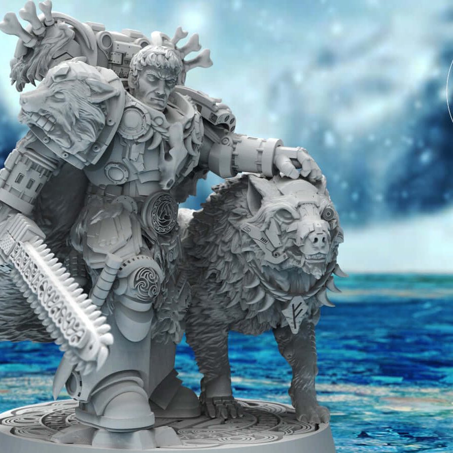 Asgardian Commander miniature in horned helmet standing beside armored wolf, side view on round base.