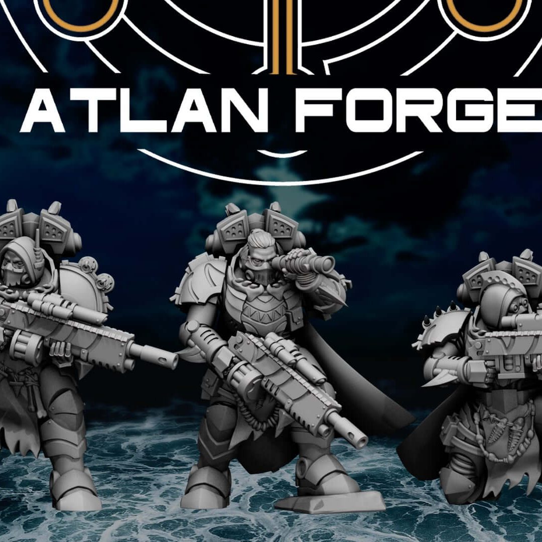 Three sniper scout miniatures posed together on wet rocky base, dark background