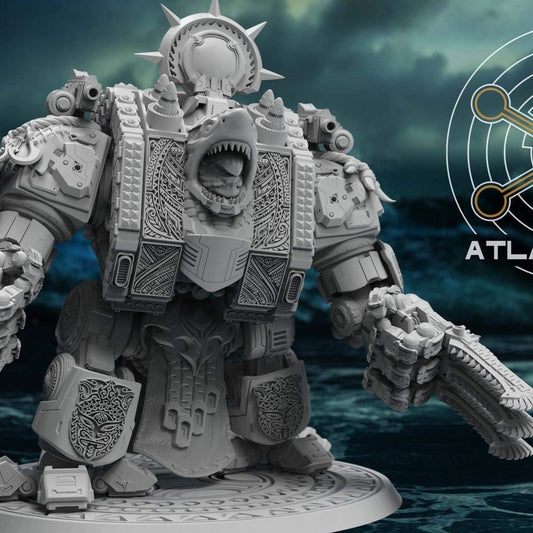 Wai Toa: Wandering Ancestor Dreadnought front view showing shark chest plate, chainblade arm, and Polynesian knotwork armour panels