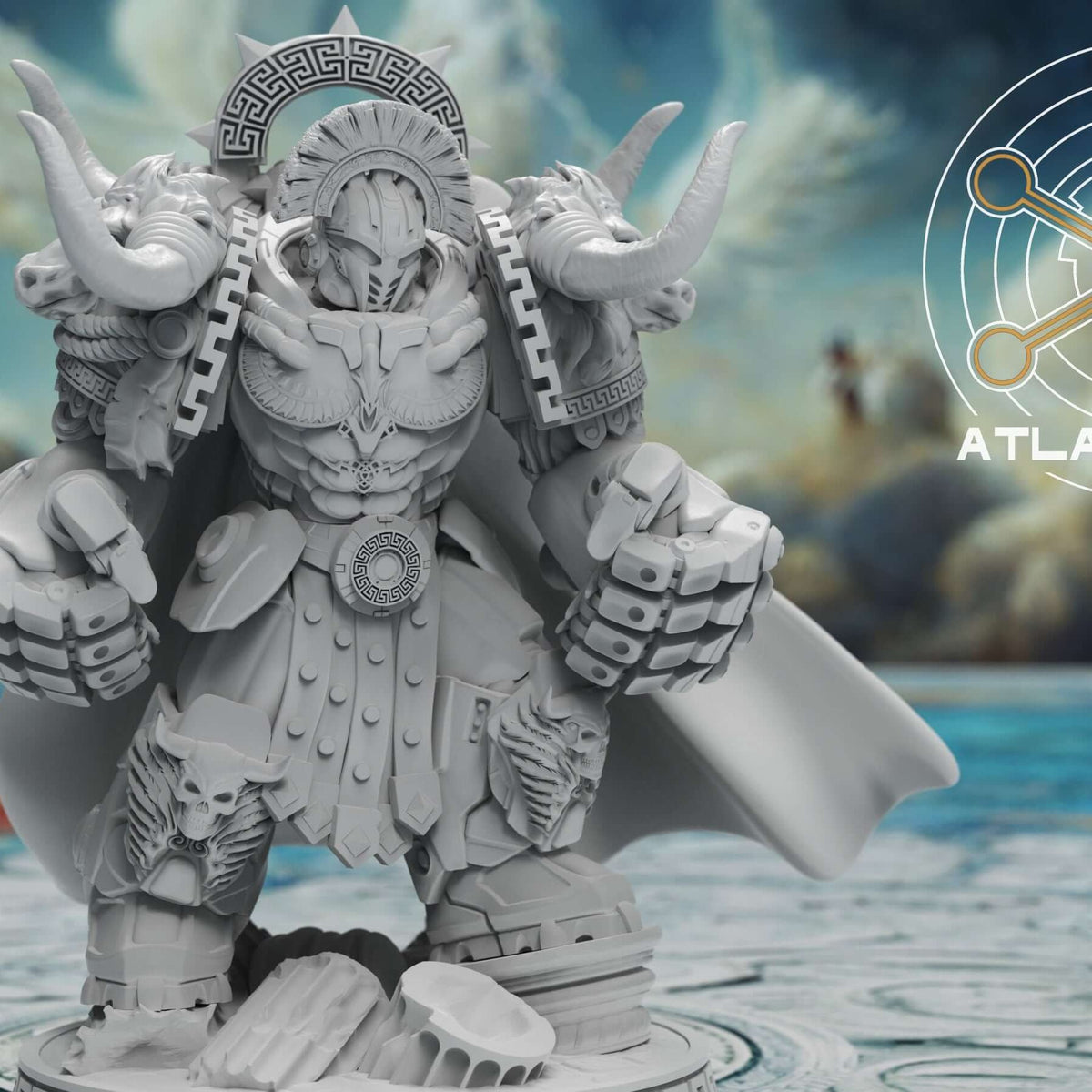 Minoan Aegis Captain miniature with bull horn shoulder pads, gauntlets, flowing cape, standing on rubble base