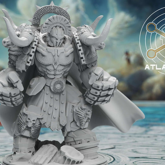 Minoan Aegis Captain miniature with bull horn shoulder pads, gauntlets, flowing cape, standing on rubble base
