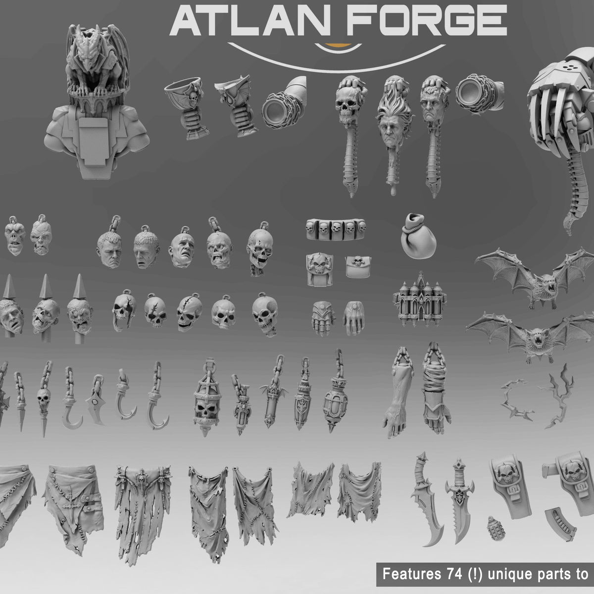 Full sprue layout of unpainted resin parts: heads, wings, swords, cloaks, gauntlets, gargoyle busts.