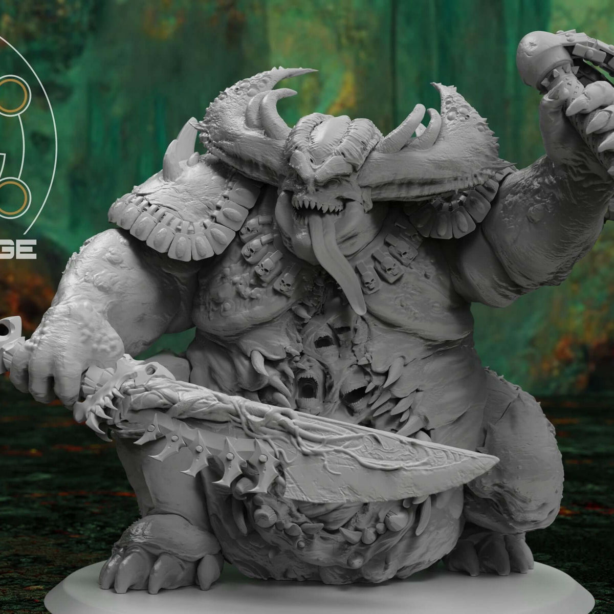 ArchDemon of Plague miniature holding a jagged sword, viewed from the front on round base.