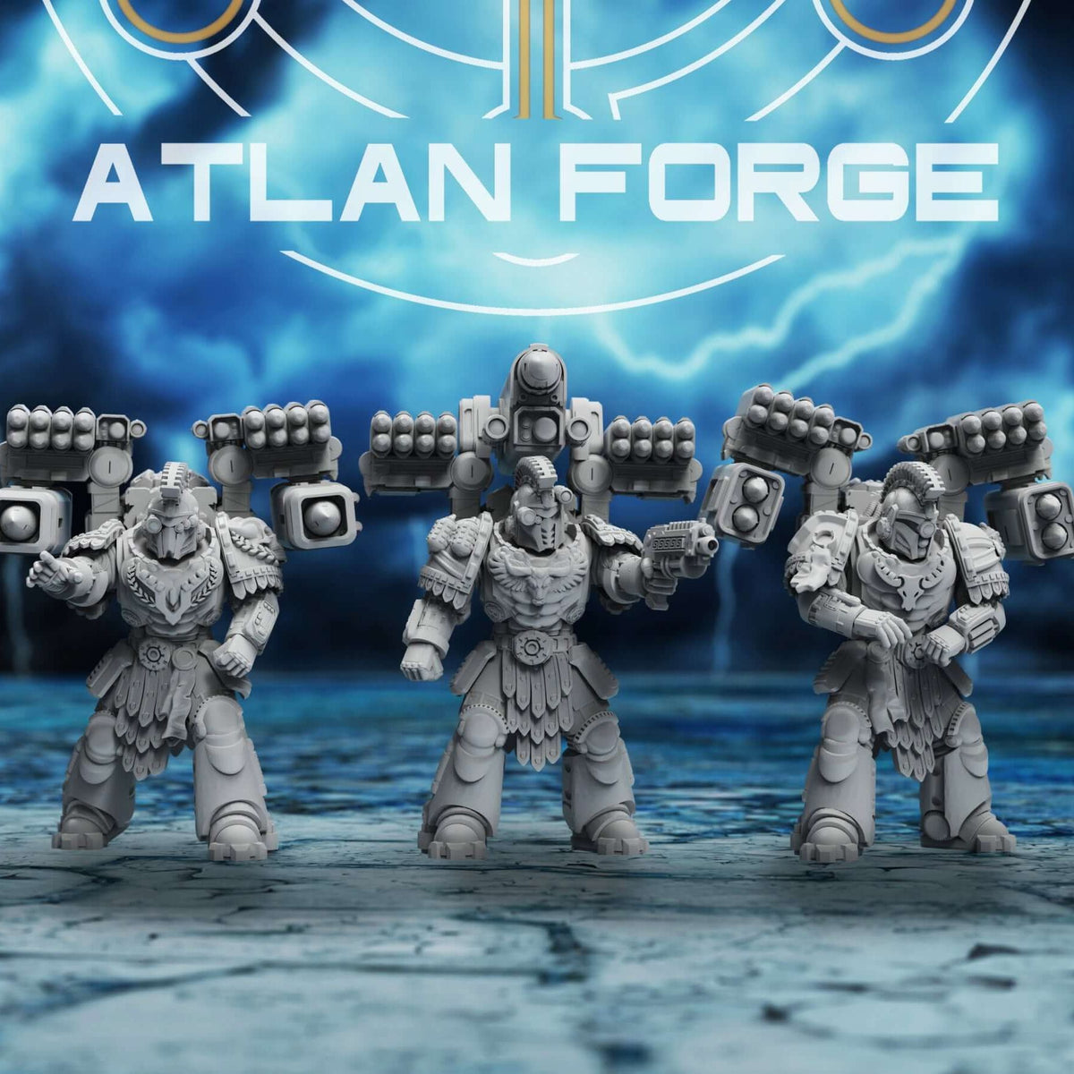 Sci-fi Minoan Astraponites squad of five resin miniatures with rocket arrays and ornate classical armour, front view