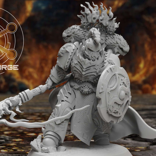 Dragon Knights commander miniature with flaming crest, spear and round shield, front angle