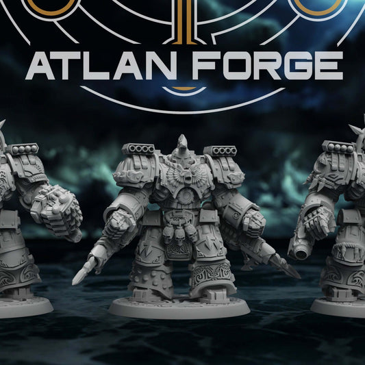 Three Wai Toa Warhulks in spiked halo helmets stand on round bases together