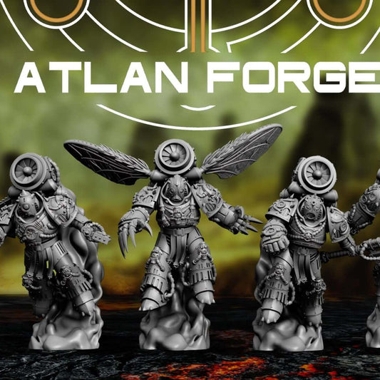Diseased fly-headed warriors in armor stand together on rocky bases, front view.