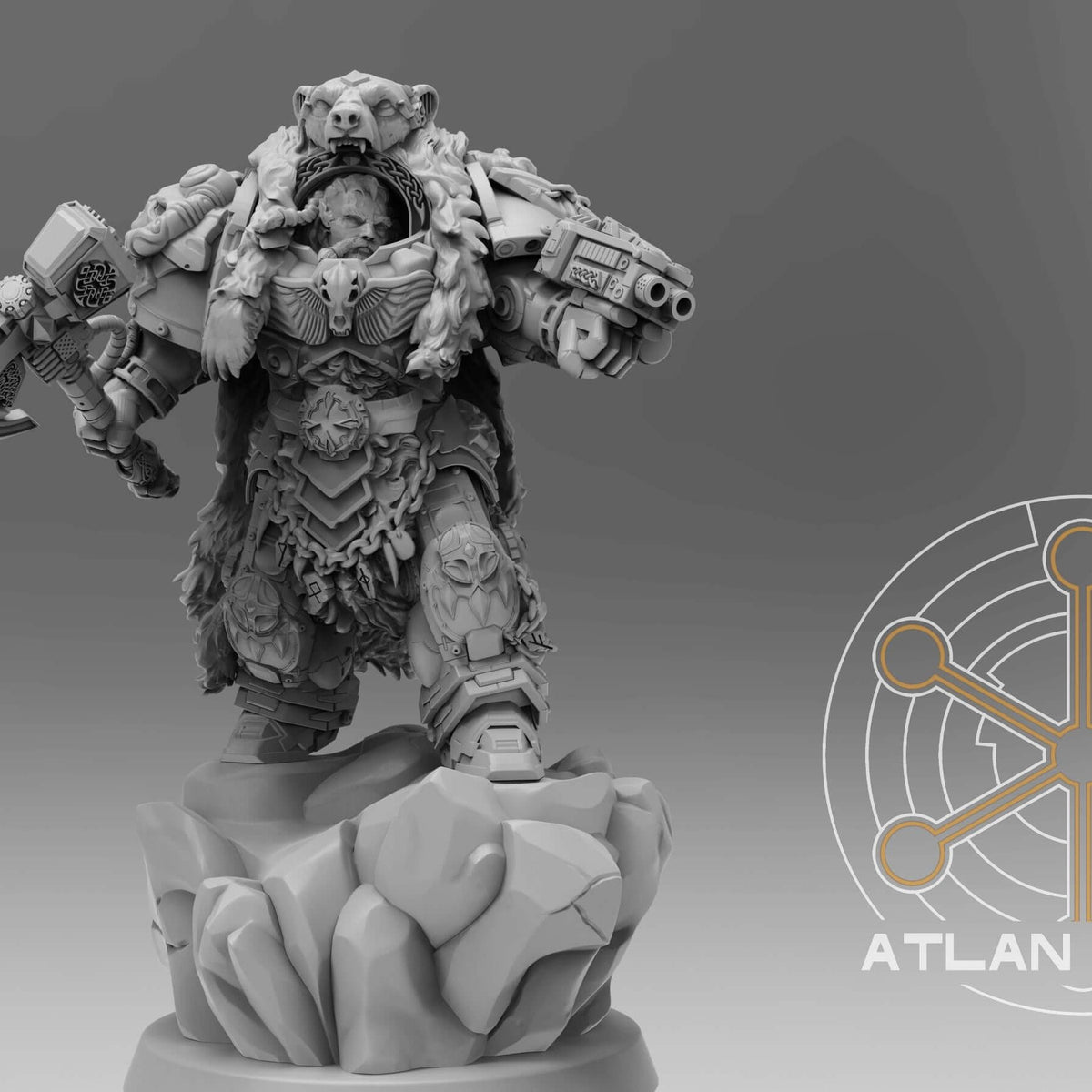 Asgardian Einherjar Commander in bear pelt armour wielding an axe on rocky base
