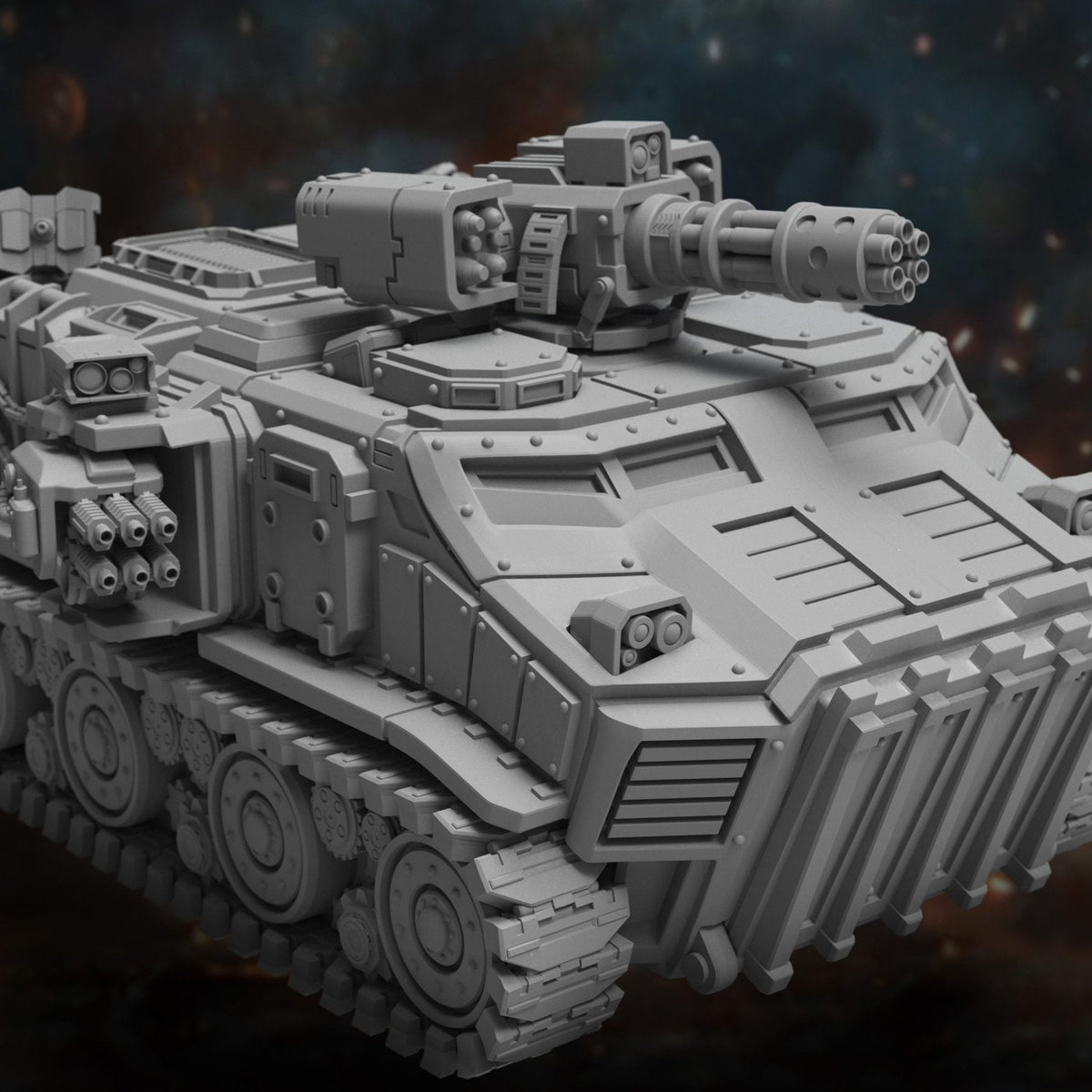 Vanguard Assault Carrier tracked variant, close-up front-left angle showing rotary cannon turret and hull detail