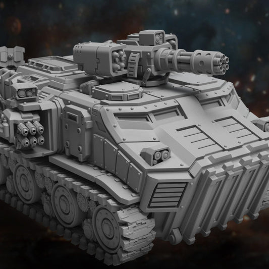 Vanguard Assault Carrier tracked variant, close-up front-left angle showing rotary cannon turret and hull detail