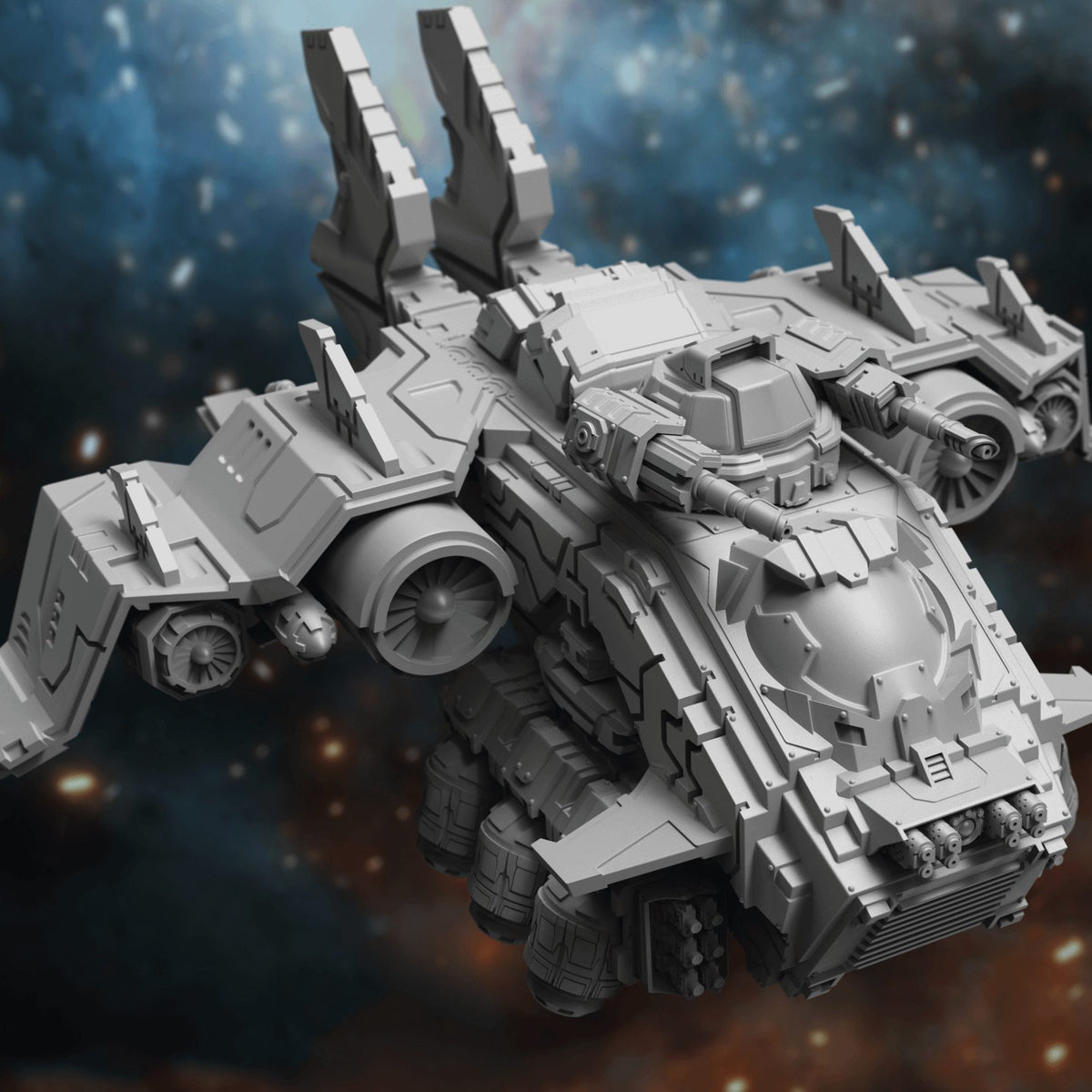 Thunderblaze Gunship resin model, three quarter front view with dual tail fins and turret cannon