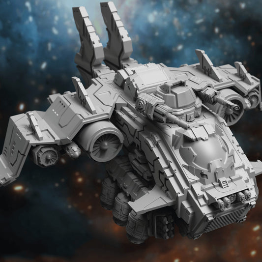 Thunderblaze Gunship resin model, three quarter front view with dual tail fins and turret cannon