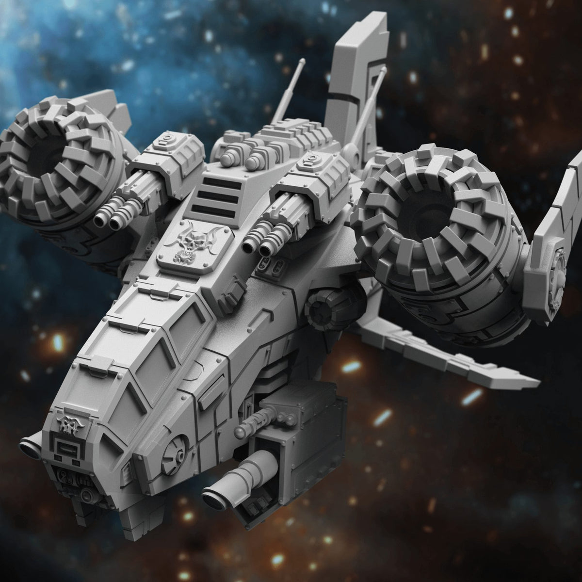 Thunderclaw Gunship resin dropship model with twin turbines viewed from above against starfield