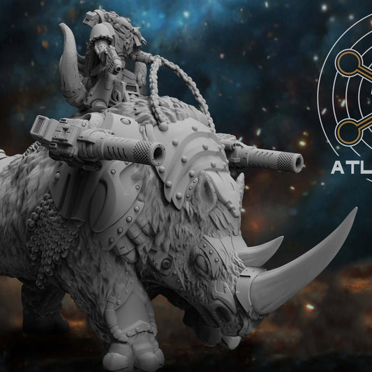 Cybernetic Wooly Rhino miniature with armored rider carrying a slung heavy gun, side view