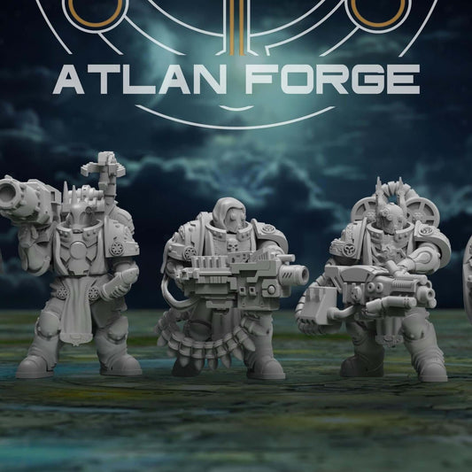 Five Angelic Retaliators power armour miniatures standing in a row on rocky bases