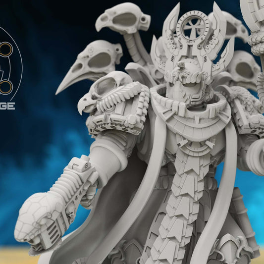 Aegyptian archmage close up with bird skull halo, staff, and pistol raised