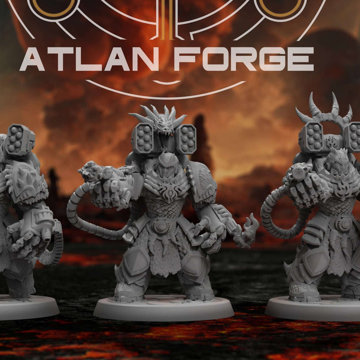 Three Dragon Aegis Incandescents miniatures with dual shoulder cannons stand on round bases.