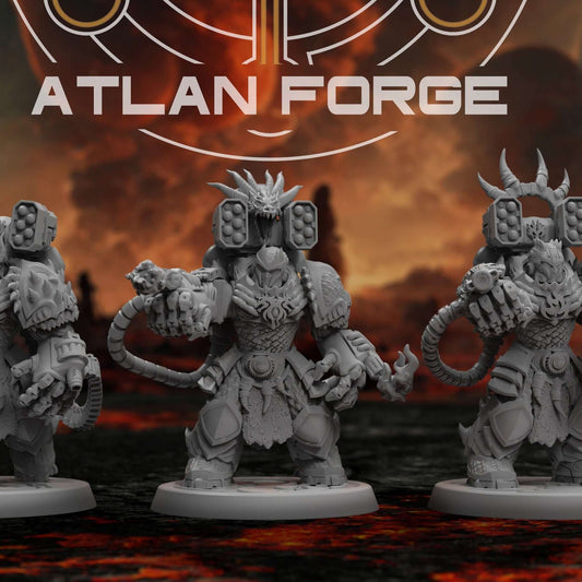 Three Dragon Aegis Incandescents miniatures with dual shoulder cannons stand on round bases.