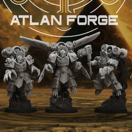 Five Aegyptian Scions of Aten infantry with jackal helms stand on rocky pyramid bases