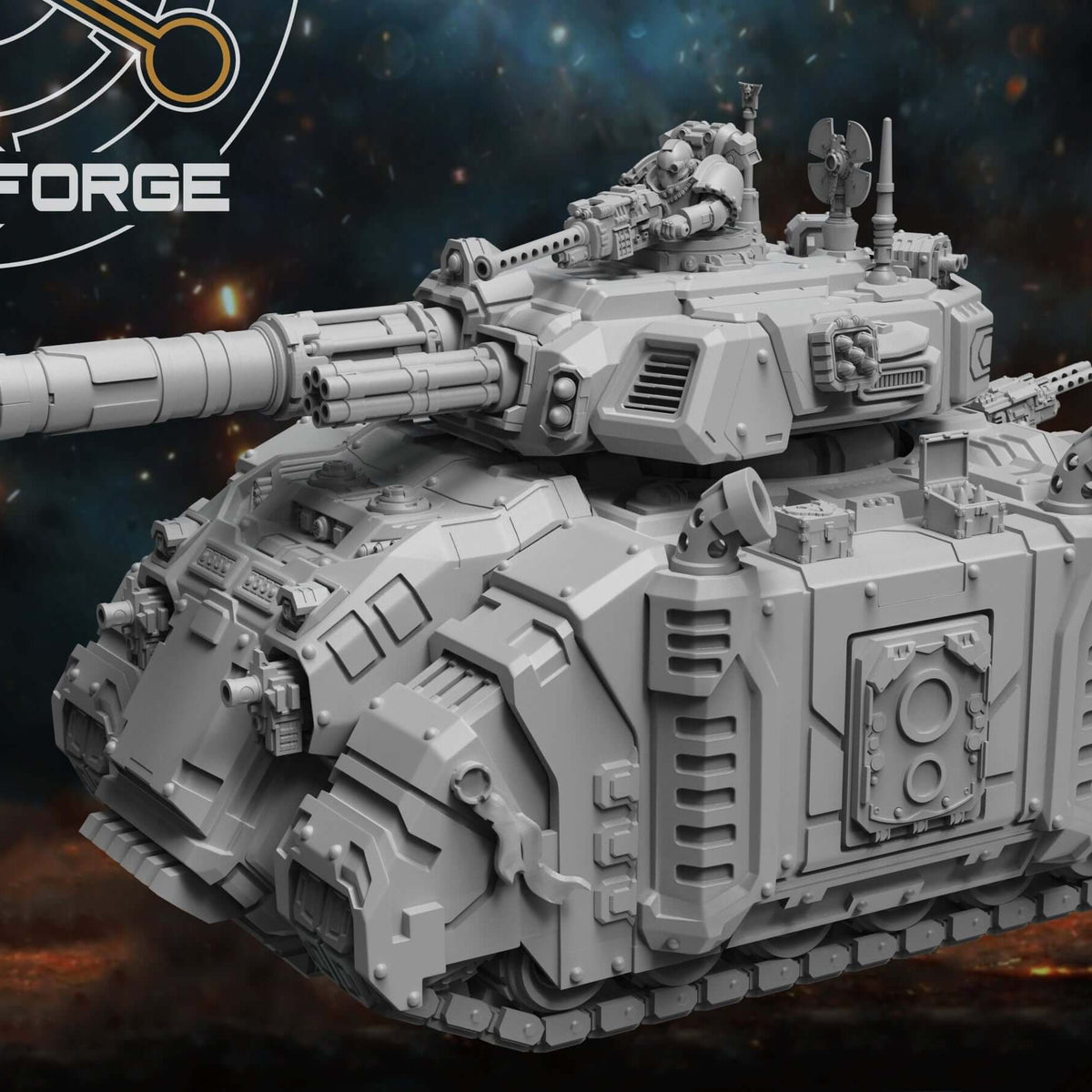 Sci-Fi Heavy Tank resin miniature with long cannon and tracked hull, three-quarter front view.