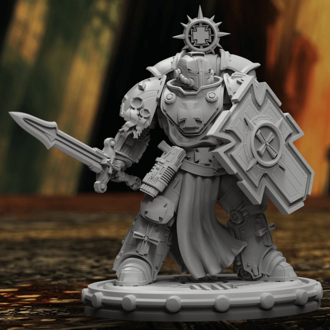 Templar Veterans Squad. Templar Veteran miniatures in knightly armor, armed with weapons, designed for sci-fi tabletop gaming.